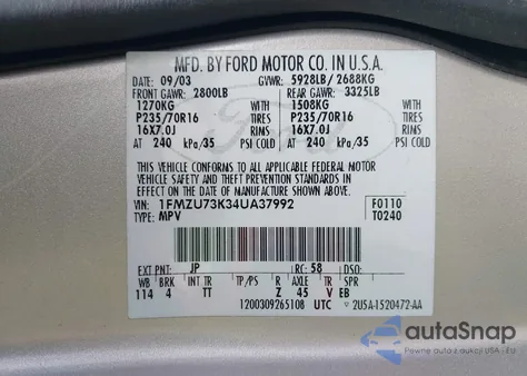 2004 Ford Explorer Nbx/Xlt из США, поврежденный, VIN 1FMZU73K34UA37992